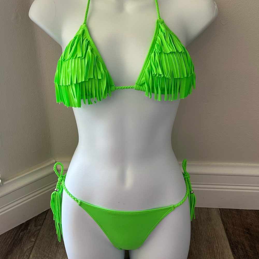 Green ruched fringe tie bikini set💚